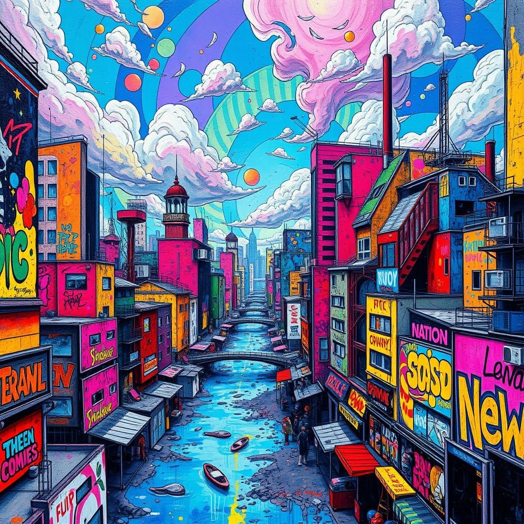 Colorful Cityscape of Two Worlds Colliding