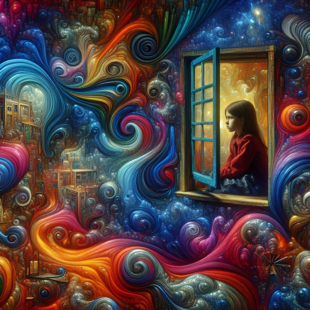 Surreal Girl in Morphing Window: Dreamscape Painting