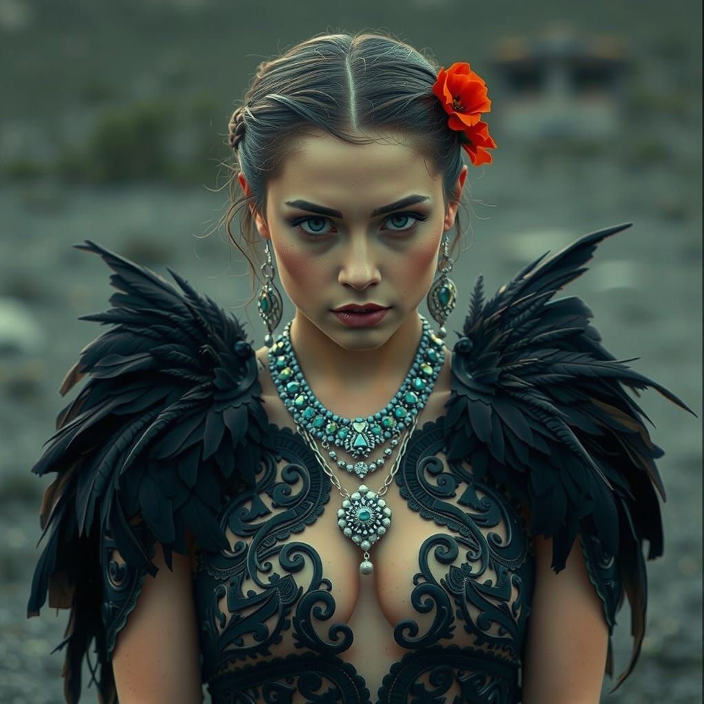 Woman in Black Filigree Outfit with Feathered Wings