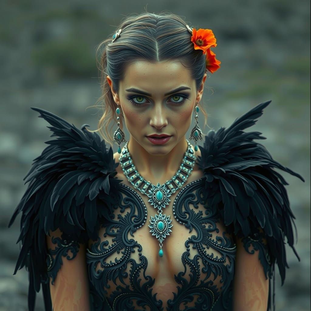 Dramatic Portrait of Woman with Wings in Cinematic Style