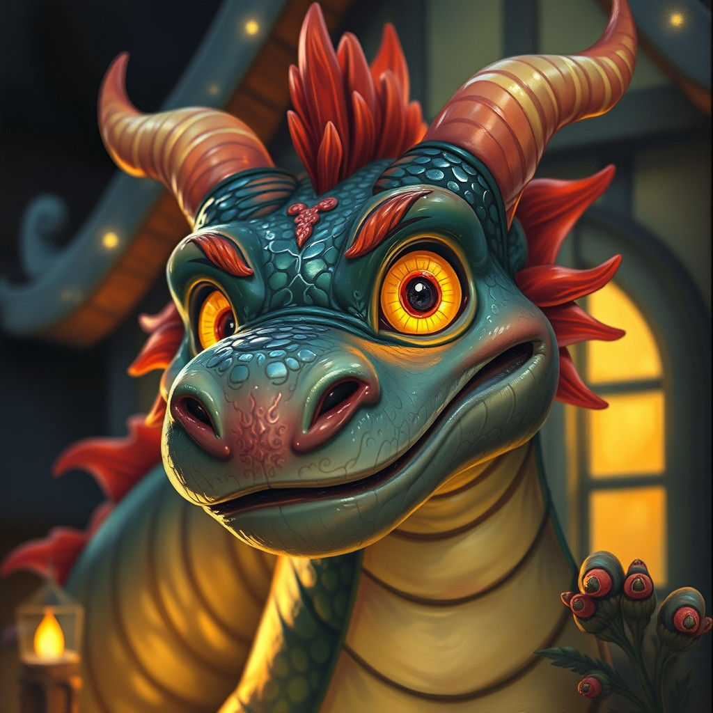 Happy Dragon in Cottage: Gouache Concept Art