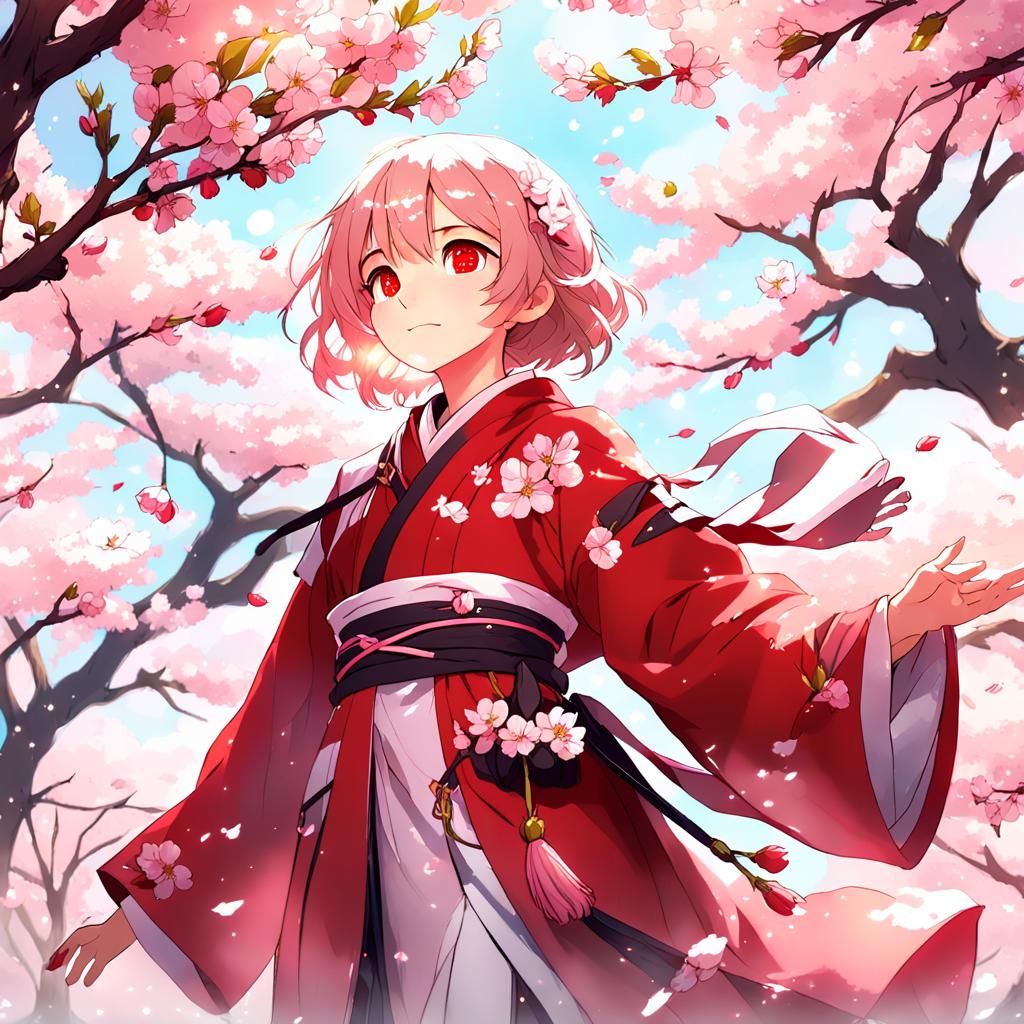 Anime Mage Under Cherry Blossoms in Golden Light