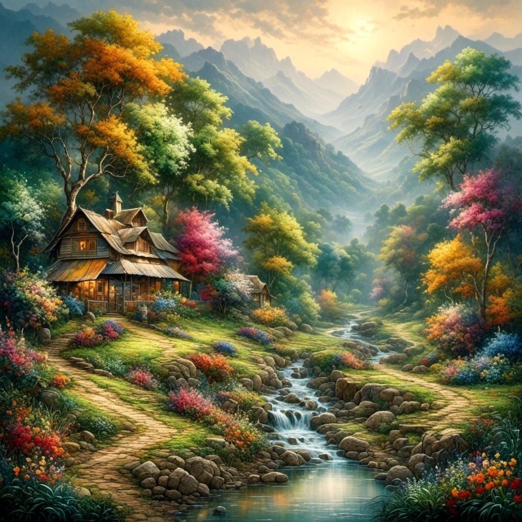 Peaceful Valley Landscape with Brook: Oil Painting