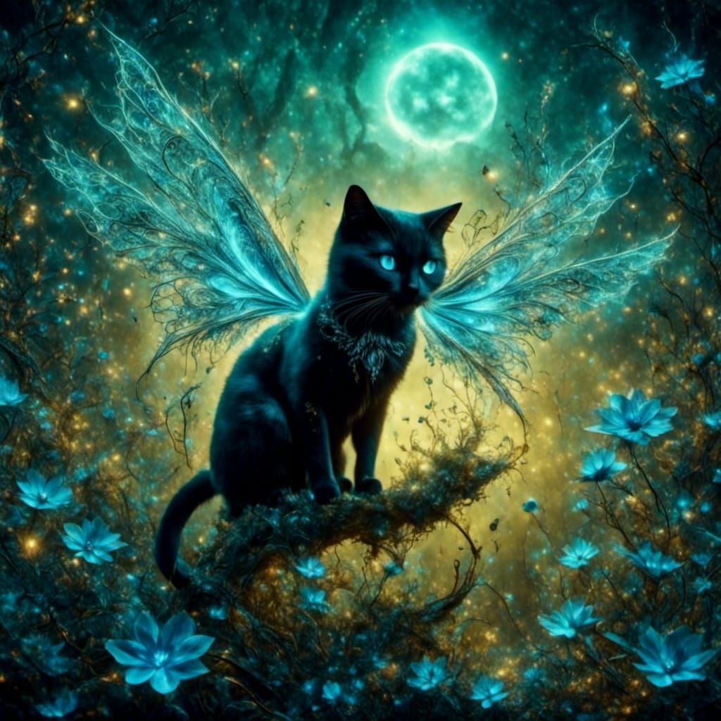 Winged Black Cat Flies Over Magic Garden