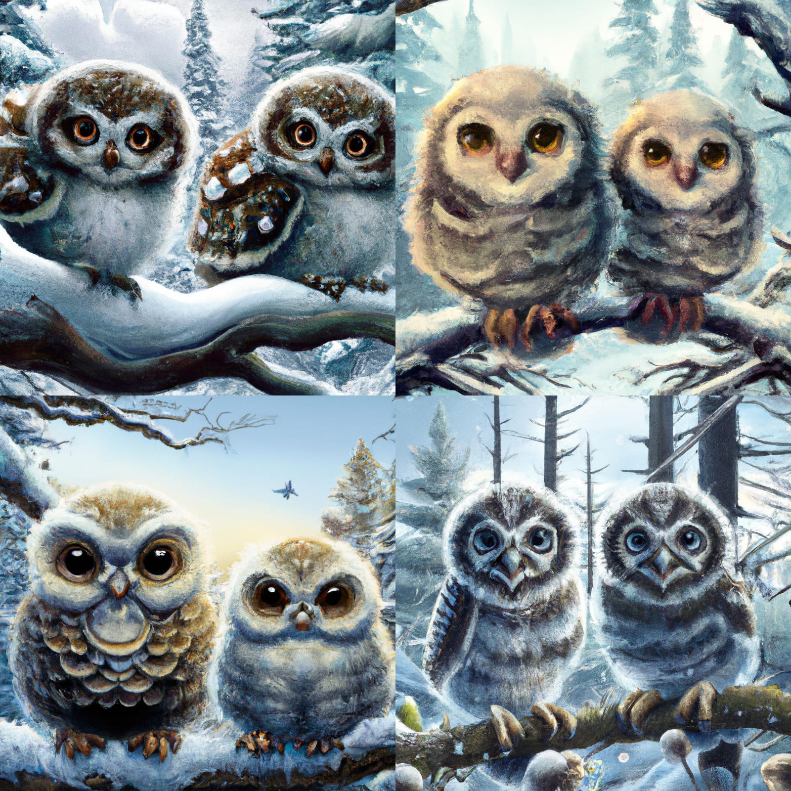 Fluffy baby owls in a snowy forest