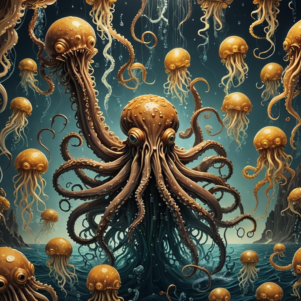 Kraken Emerges from Upside-Down Ocean in Surreal Style