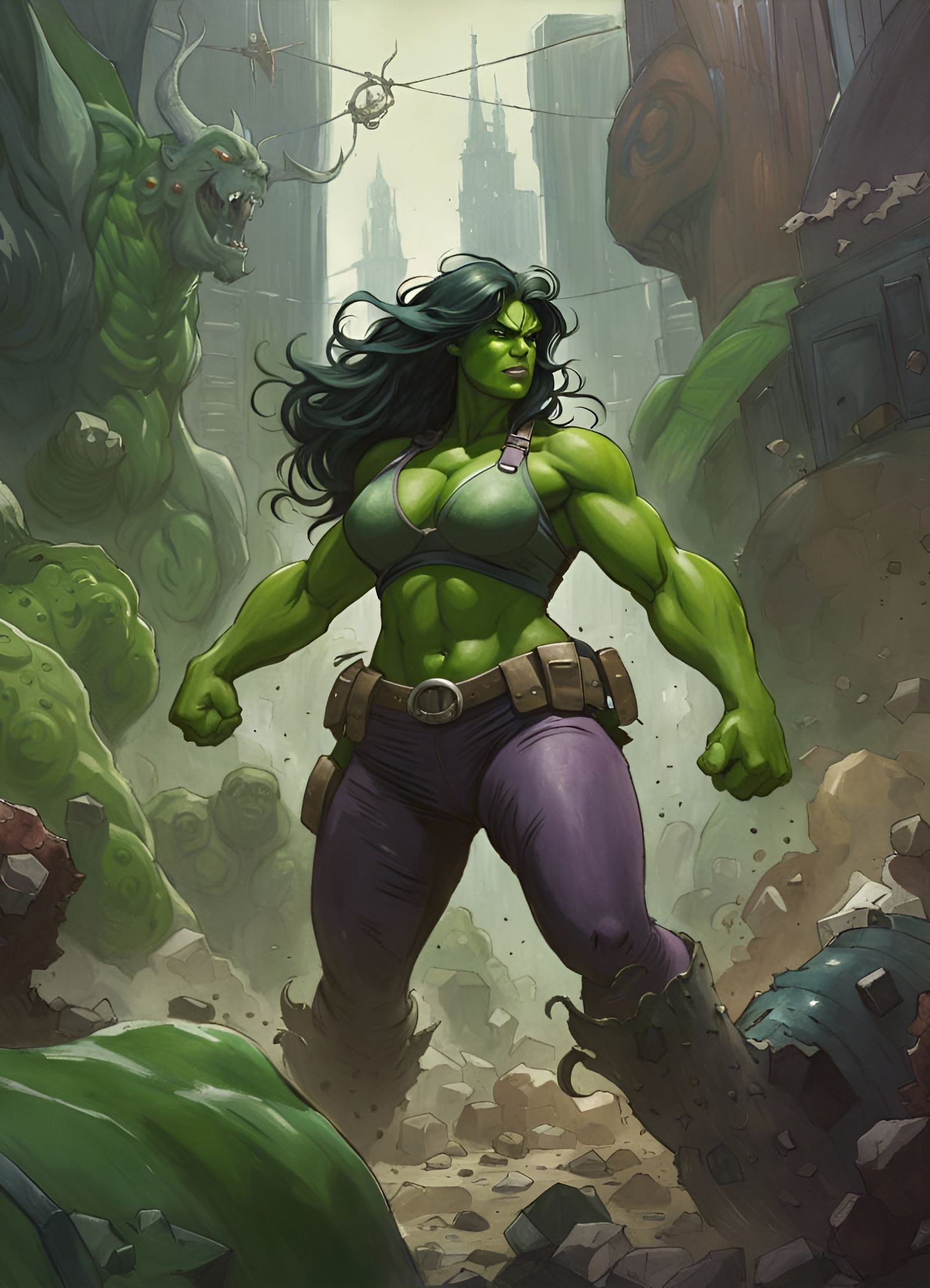 Muscular She Hulk Crayon Caricature in Action Pose