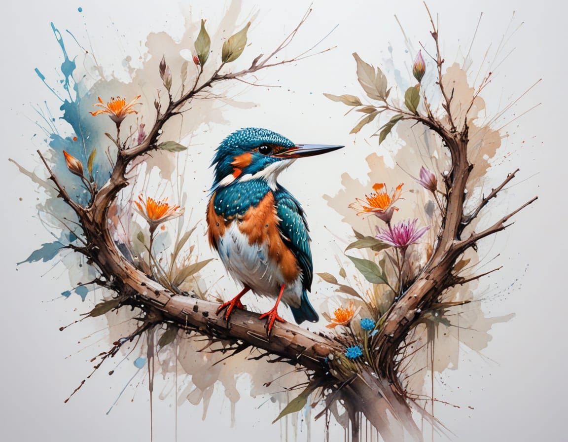 Kingfisher Perched on Lilypond Branch in Watercolor Style