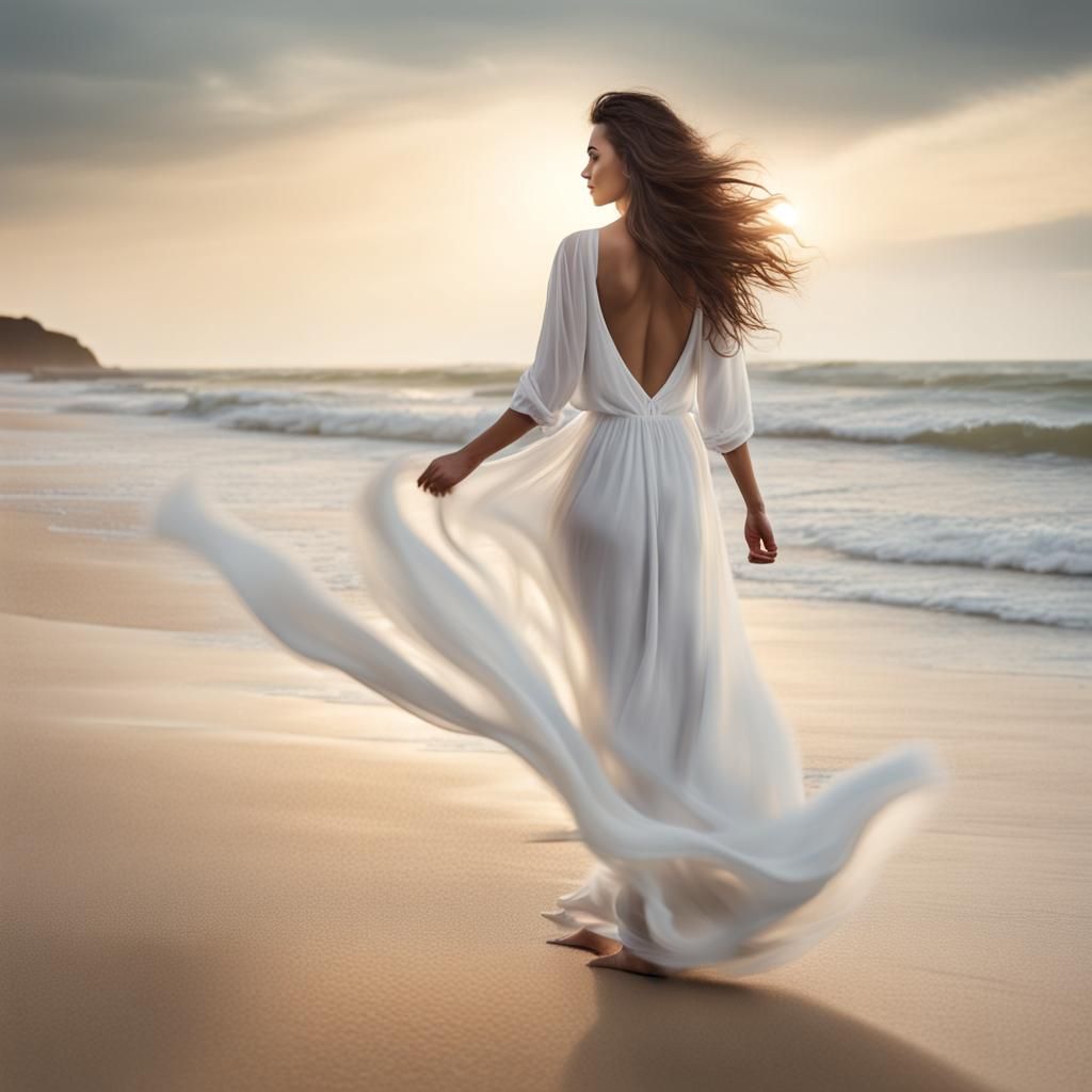 Hyperrealistic Woman with Long Hair on Beach
