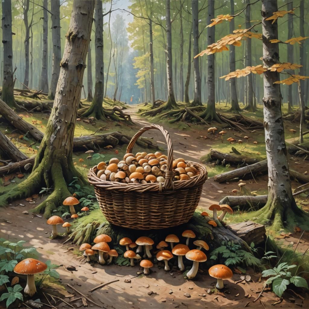 Basket of Mushrooms in Slovakian Forest, Oil Painting