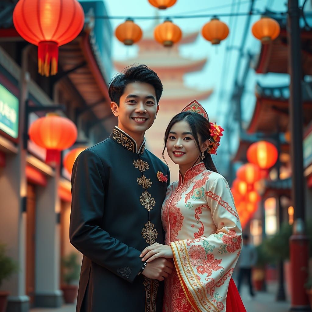 Asian Couple Portrait in Traditional Korean and Japanese Att...