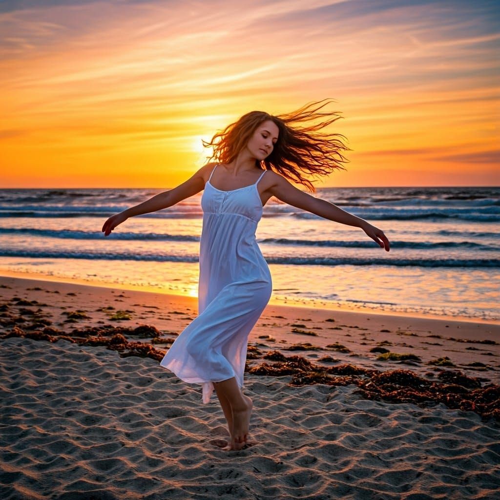 Woman Dancing on Beach at Sunset: Dreamlike Watercolor