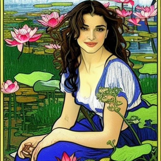 Elegant Painting of Woman in Lotus Garden, Art Nouveau