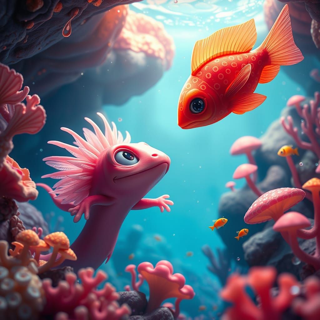 wide-eyed pink axolotl with Pixar-style expressive features,