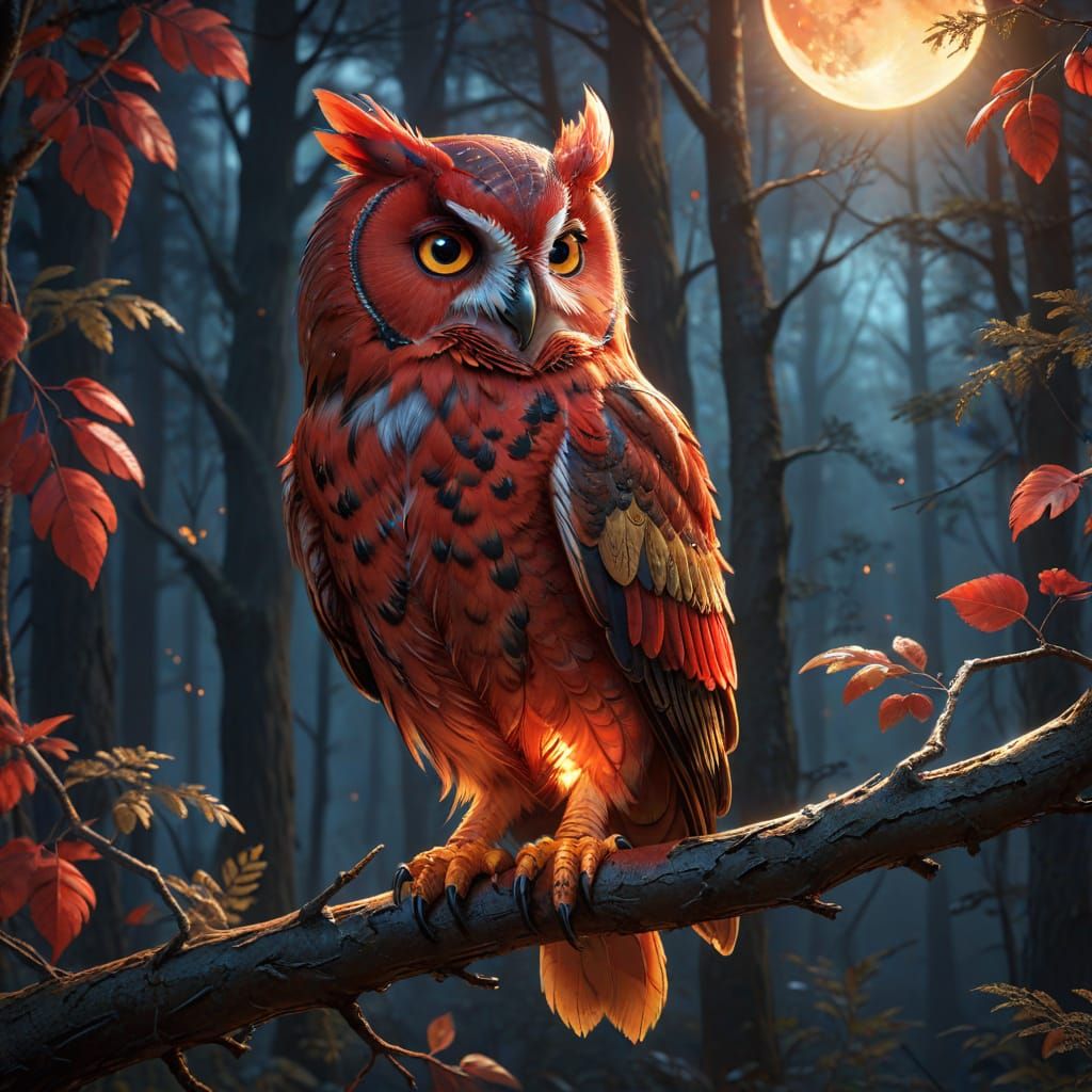 Red Owl Perched on Branch: Digital Concept Art