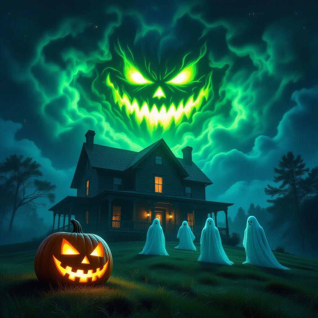 Eerie Halloween Scene: Ghosts, Jack-o'-Lantern, and Toxic Sm...
