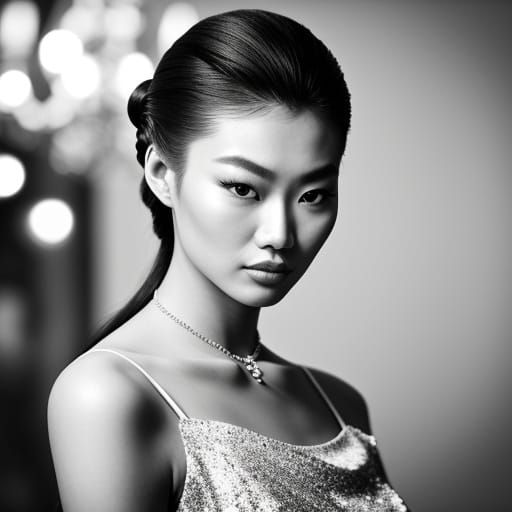 Elegant Eurasian Model in Black and White: Glamorous Pinup