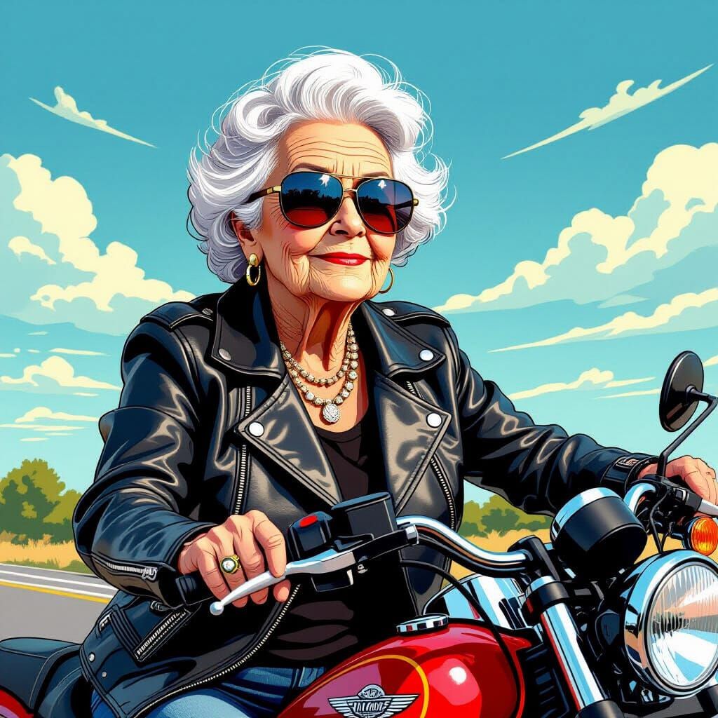 Grandma Rides Motorcycle in Pop Surrealist Style