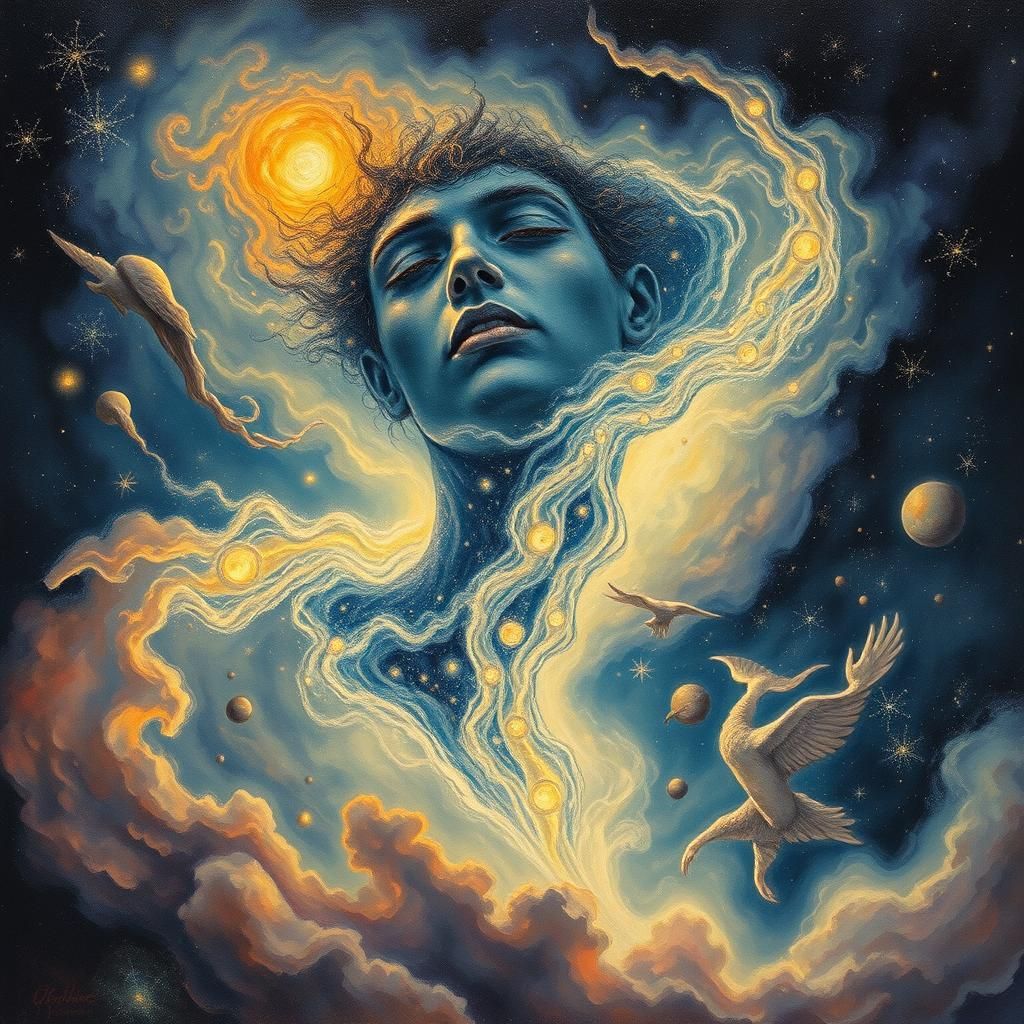 Mystical Figure Floating in Space as Watercolor