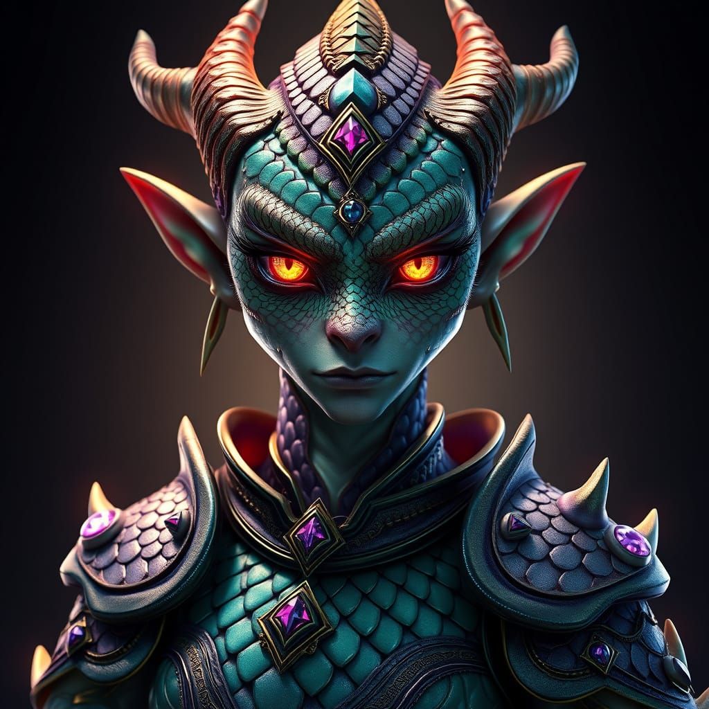 Majestic Female Dragon Goblin Portrait in Iridescent Armor