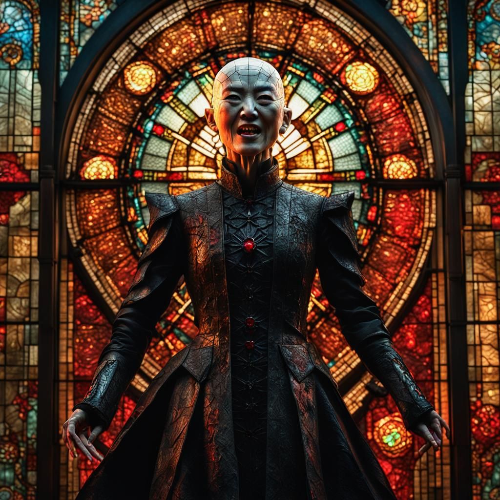 Female Pinhead Screaming Before Shattered Glass