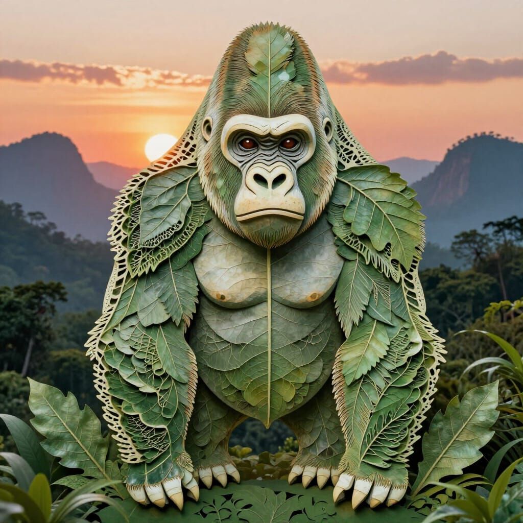 Gorilla in Mountain Jungle at Sunset, Leaf Carving Art