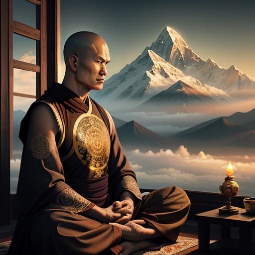 Serene Buddhist Monks in Misty Himalayan Mountains