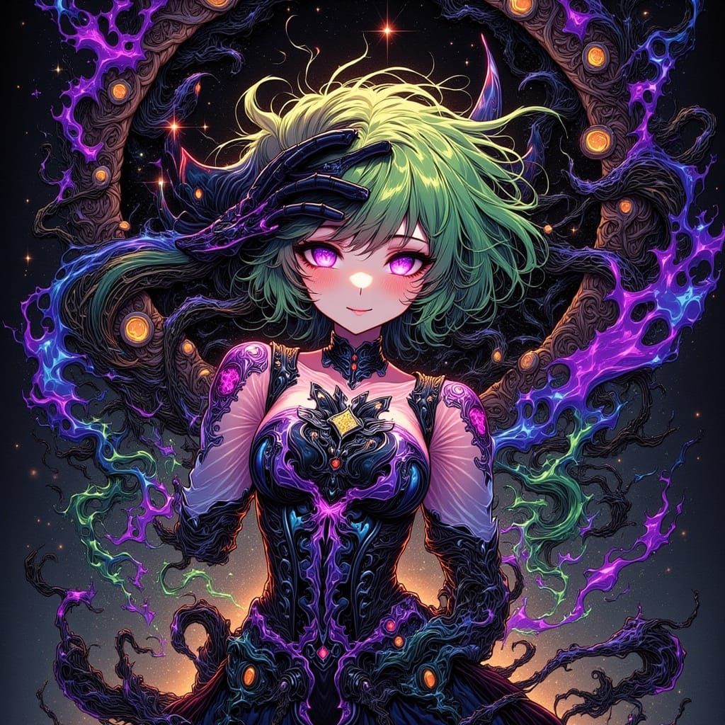 Adorable Bio-Mecha Girl in Dark Sci-Fi Anime Style