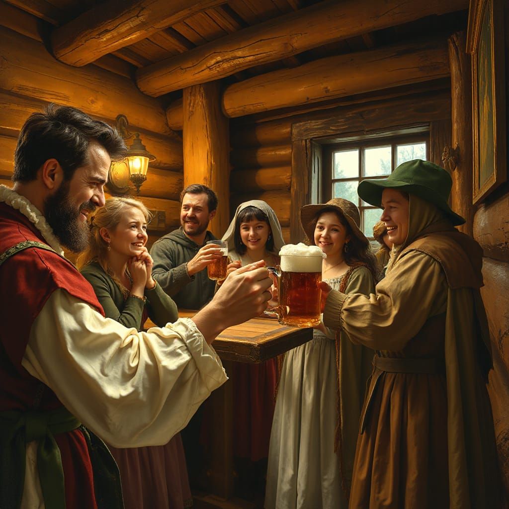 Medieval Tavern Scene: Joyful Toast in Soft Light