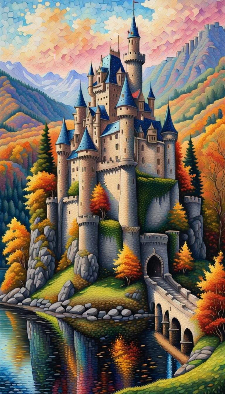 Pointillist Castle with Vibrant Colors