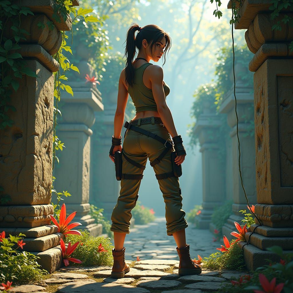 Heroic Lara Croft in Jungle Temple Ruins