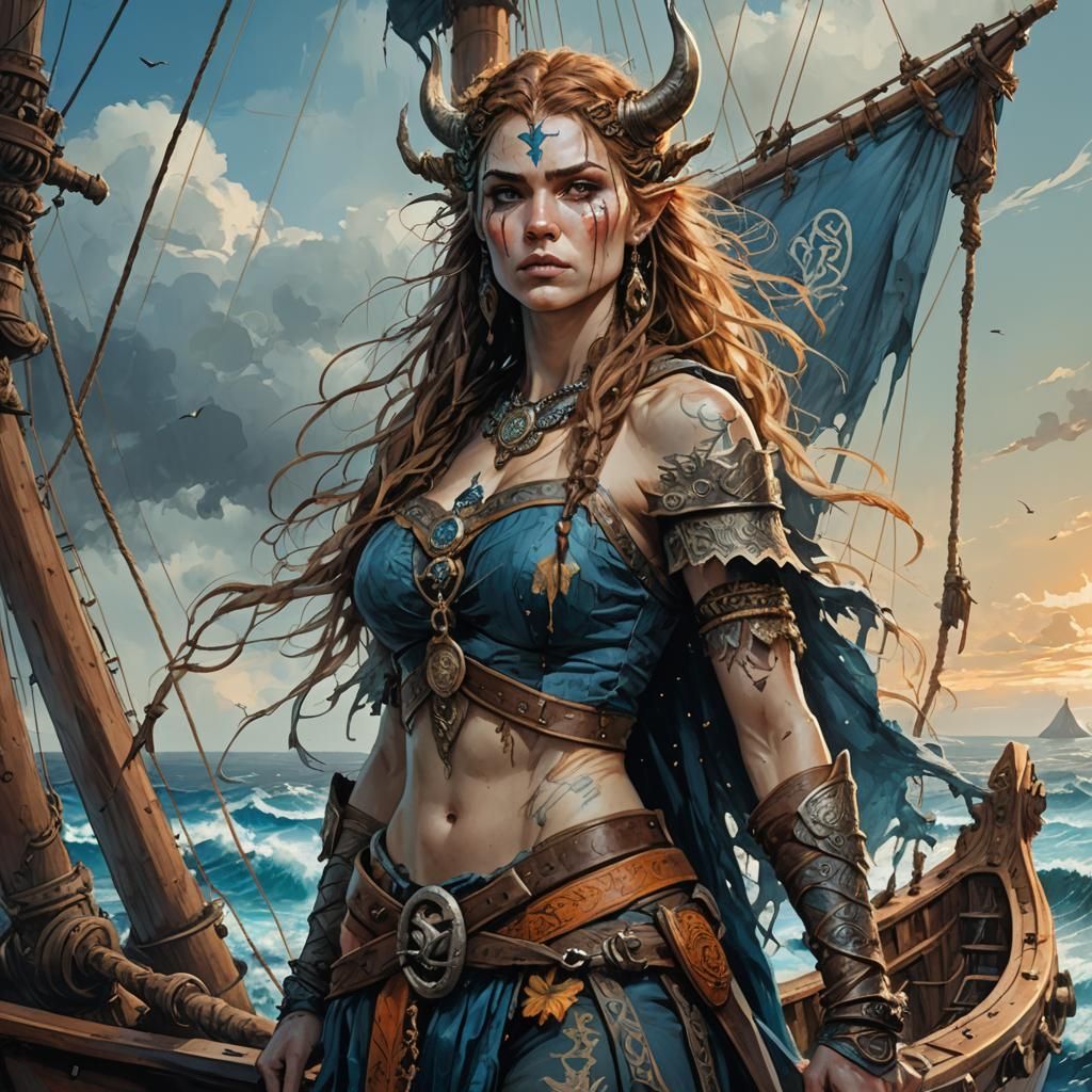 Viking Beauty on Ship: Fantasy Art