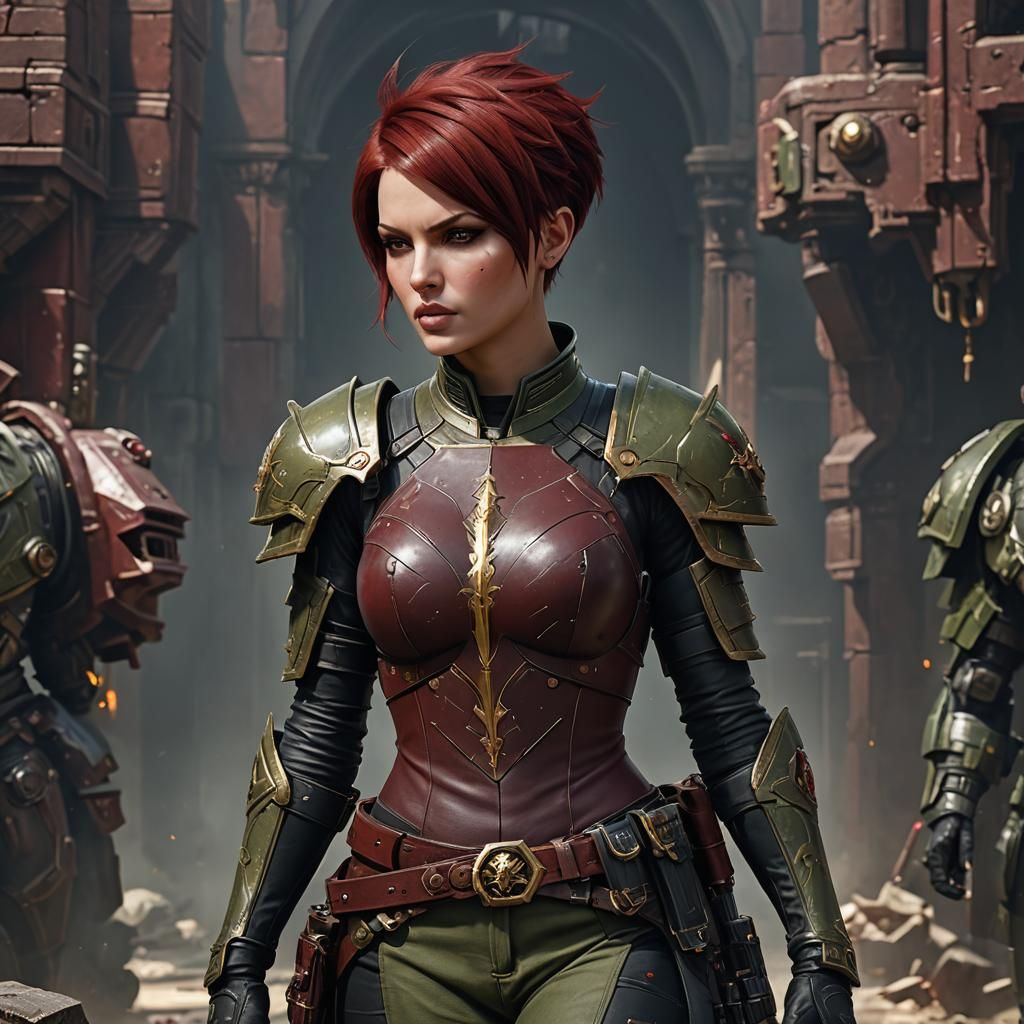 022 A beautiful red haired Rogue Trader (W40K) wearing an armor.