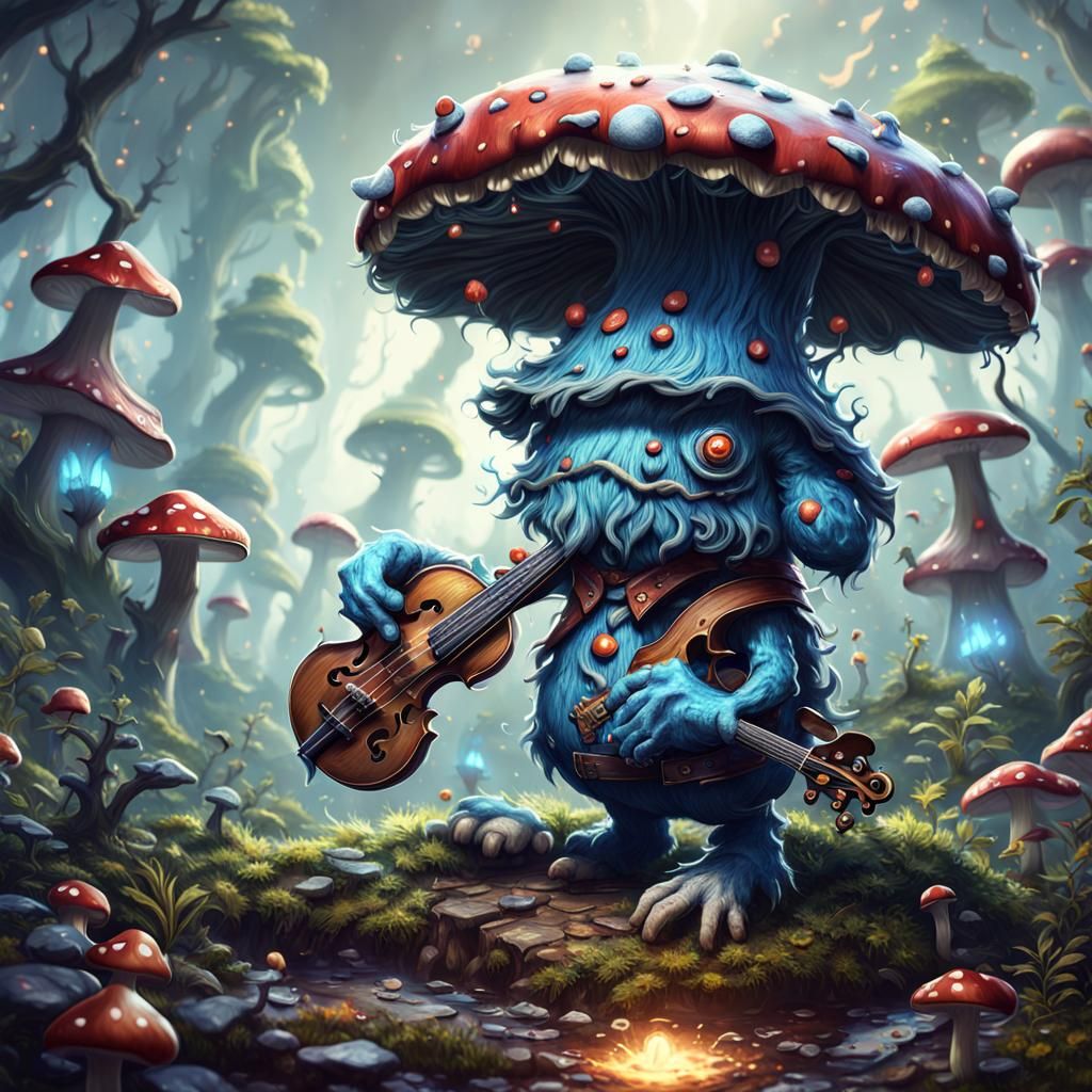 Fiddle-Playing Mushroom Monster in Detailed Digital Art
