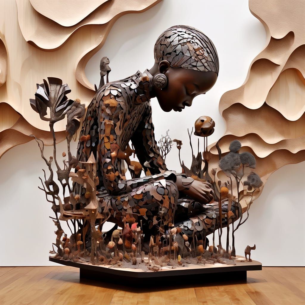 Futuristic Wooden Sculpture with African Shapes