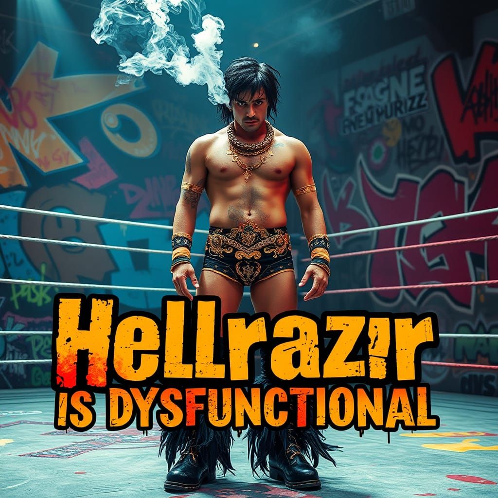 Beautiful blàck hear emo man smoking weed wearing luxurious wrestling gear graffiti background
In the wrestling ring
Te...