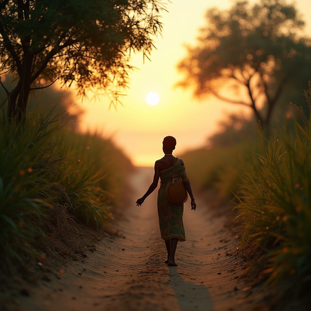 Miniature African Figure on Verdant Path with Hopeful Light