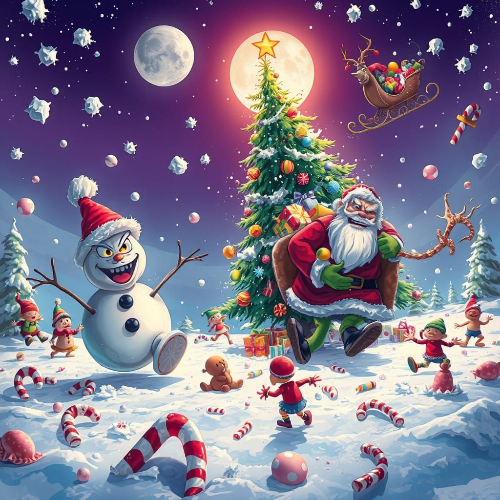 Surreal Christmas Chaos at the North Pole in Poster Art Styl...