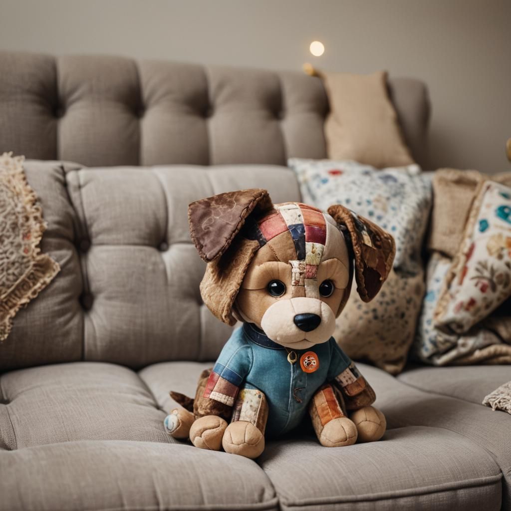Patchwork Puppy on Vintage Couch: Professional Photography