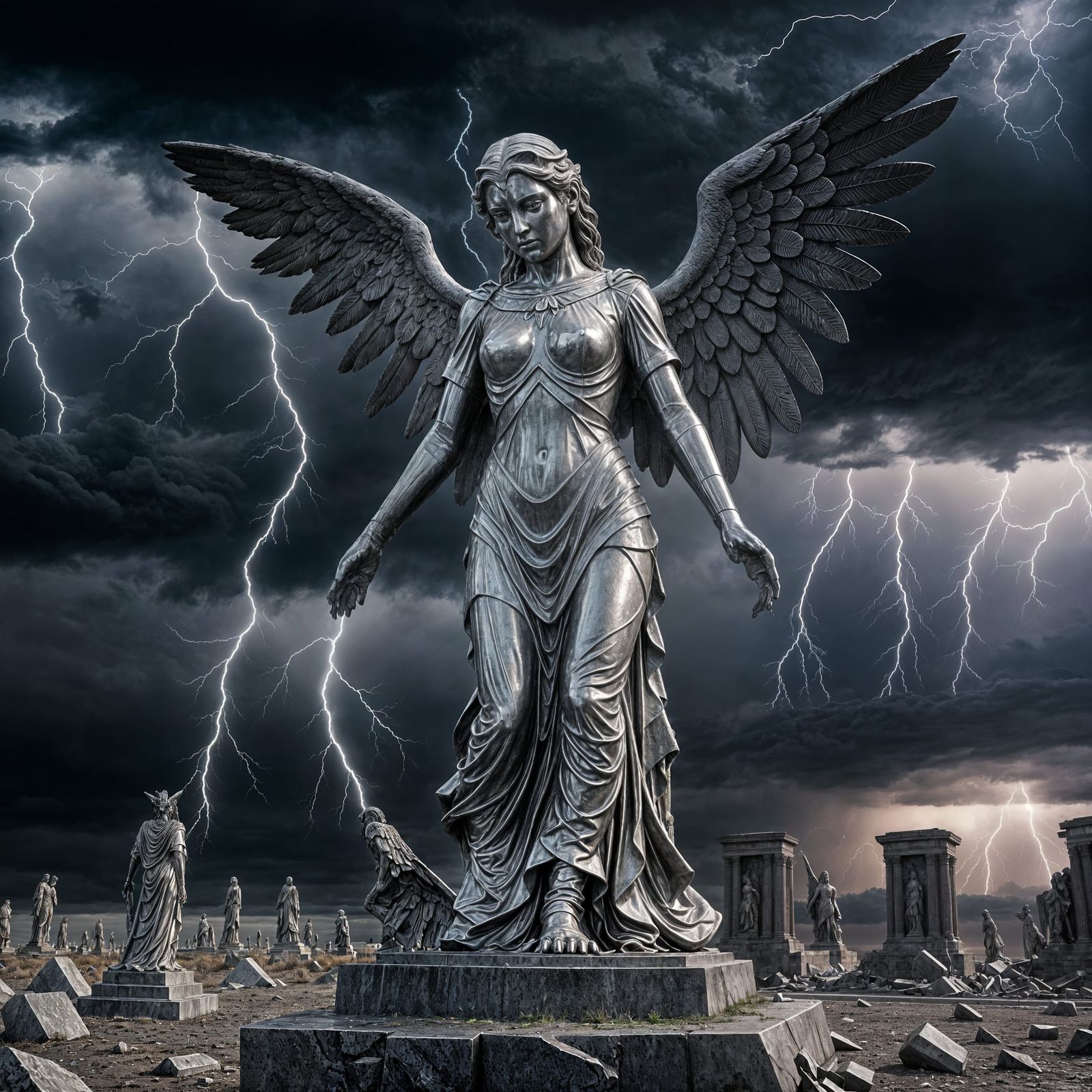 Chrome Weeping Angel in Wasteland, Gothic Style