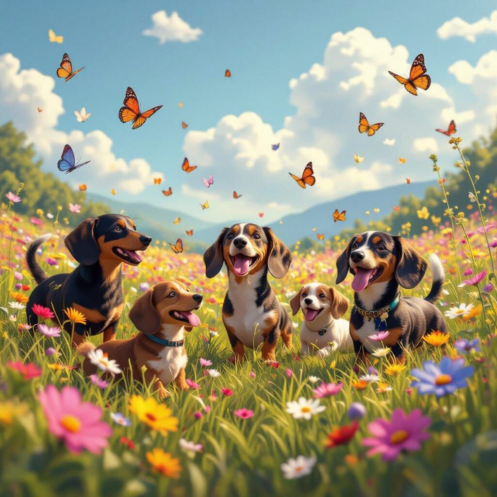 Dachshunds Playing in a Vibrant Wildflower Meadow