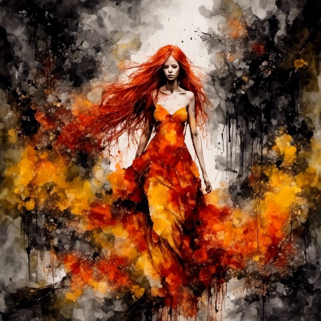 Woman with Red Hair in Alcohol Ink Splatter
