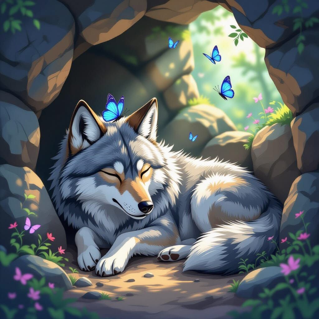 Peaceful Wolf with Butterfly in Cel-Shaded Style
