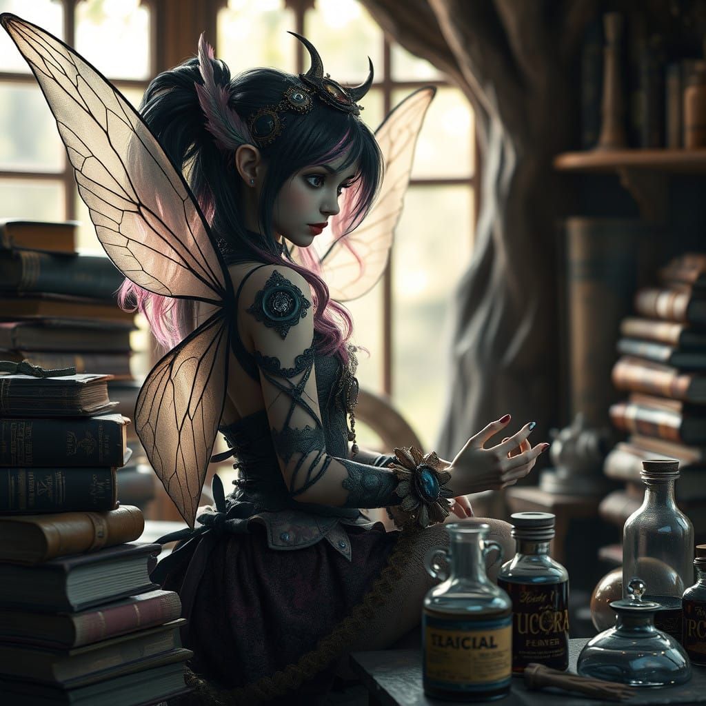 Ethereal Fairy in Steam Punk Attire Amidst Treehouse Sanctua...