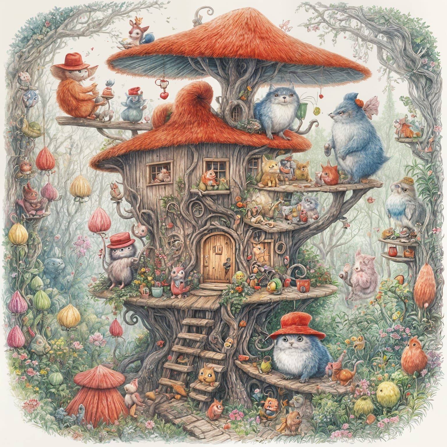 Charming Creatures Enjoy Tea: Tove Jansson Style Illustratio...