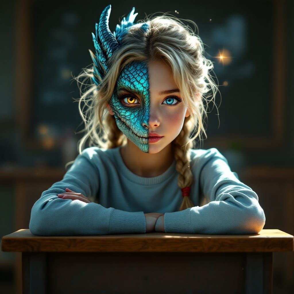 Split Face Girl: Human and Dragon in Digital Art