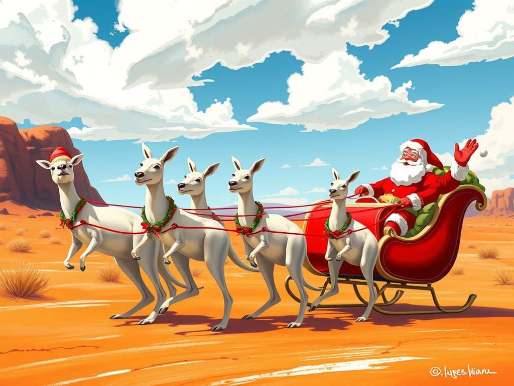 Santa Claus Riding in a Bright Red Sleigh in the Australian...