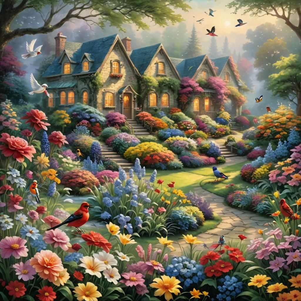 Ethereal Garden with Birds in Fantasy Style