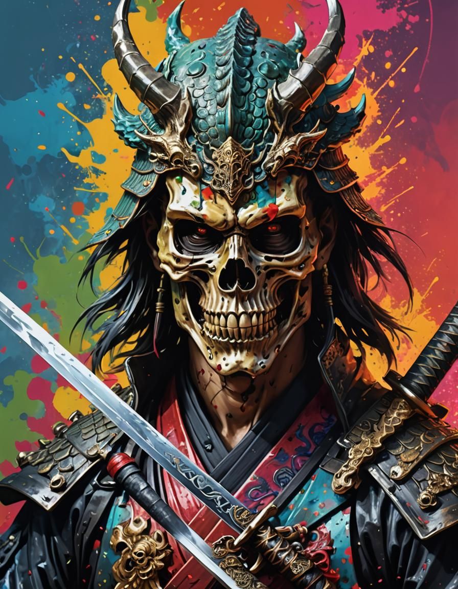 Skull Samurai with Dragon in Splash Art Style