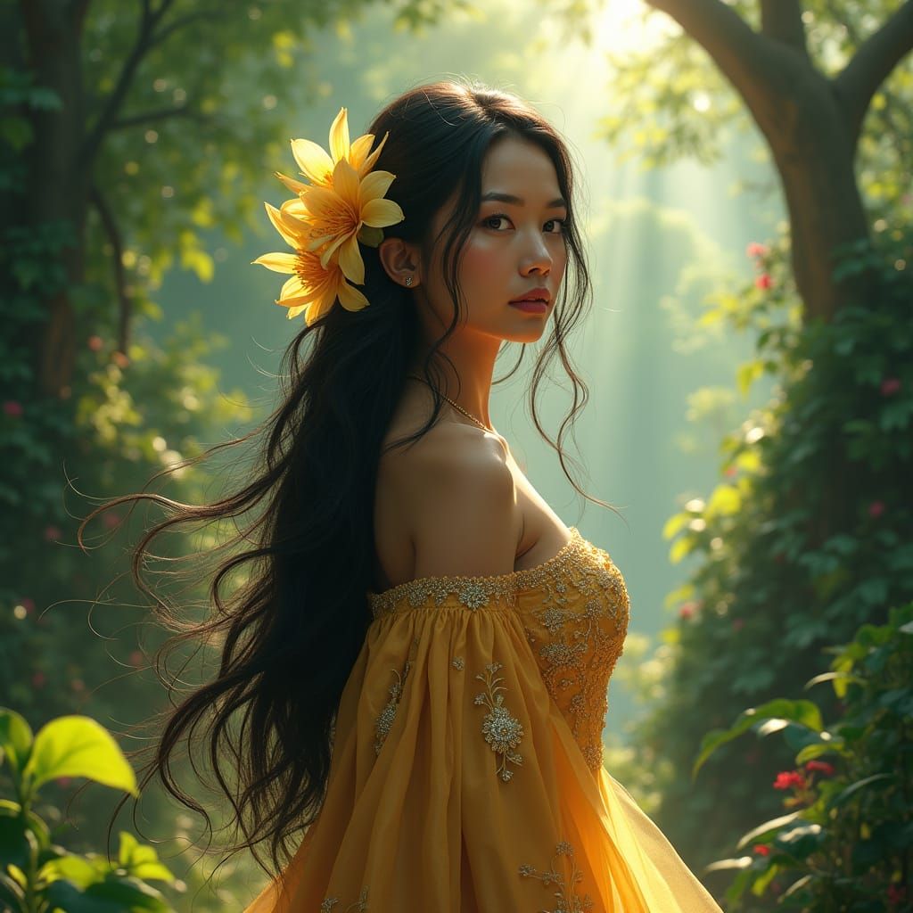 Malay Woman in Rainforest: Matte Painting Style